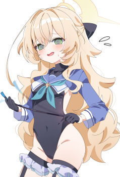 1girl @_@ black_gloves blonde_hair blue_archive blush breasts chaum gloves green_eyes halo highleg highleg_leotard highres leotard long_hair open_mouth professor_niyaniya_(blue_archive) shimiko_(blue_archive) shimiko_(magical)_(blue_archive) simple_background small_breasts solo standing white_background