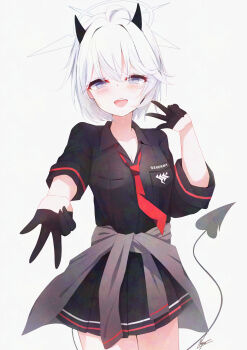 1girl absurdres black_gloves black_shirt black_skirt blue_archive blue_eyes blush breasts clothes_around_waist commentary_request demon_girl demon_horns demon_tail double_w erika_(blue_archive) gehenna_academy_logo gloves hair_between_eyes half-closed_eyes half_gloves halo hand_up happy happy_tears highres horns jacket jacket_around_waist looking_at_viewer medium_hair miniskirt necktie noger_(hibiki2542) pleated_skirt red_necktie shirt skirt small_breasts solo standing tail tears teeth upper_teeth_only w white_hair white_halo