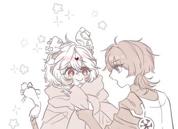 2boys adjusting_scarf beanie blunt_ends blush bodysuit bow bridal_gauntlets bright_pupils cape closed_mouth commentary cowlick crossed_bangs dragon_boy dragon_horns dragon_tail dressing english_commentary facial_mark fang fluffy_hair genshin_impact grey_eyes hair_between_eyes hand_up hat heart heart_facial_mark horns japanese_clothes kimono looking_at_another middle_ring mimacbr mini_durin_(genshin_impact) mini_durin_(human)_(genshin_impact) multiple_boys orange_eyes scaramouche_(genshin_impact) scarf sepia skin_fang smile spot_color tail tareme turtleneck turtleneck_bodysuit wanderer_(genshin_impact) white_background white_pupils