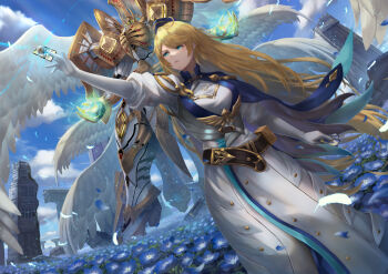 Rule 34 | 1girl, absurdres, akana93, aqua eyes, arm up, between fingers, blonde hair, blue flower, blue halo, blue petals, card, card between fingers, commentary request, dress, duel masters, duel masters play's, elena (duel masters), feathered wings, feathers, field, flower, flower field, gloves, halo, highres, holding, long hair, mecha, outdoors, robot, trading card, white dress, white gloves, white wings, wings