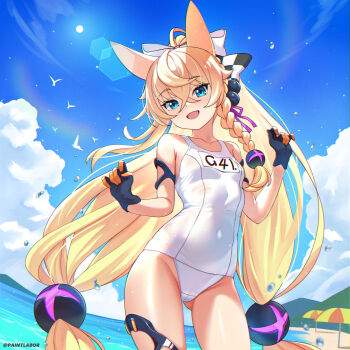 absurdres arm_strap artist_name blonde_hair bow braid checkered_bow checkered_clothes checkered_ribbon covered_navel crossed_bangs g41_(beach_punk_2064)_(girls'_frontline) g41_(girls'_frontline) girls'_frontline girls'_frontline_2:_exilium gloves hair_ornament highres long_hair low-tied_long_hair multicolored_gloves name_tag neon_trim official_alternate_costume old_school_swimsuit one-piece_swimsuit paintlabor purple_ribbon ribbon school_swimsuit side_braid smile sphere_hair_ornament swimsuit two-tone_gloves white_one-piece_swimsuit