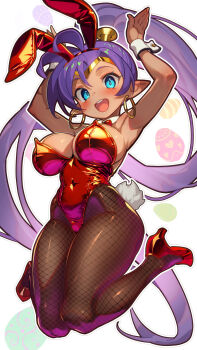 Rule 34 | 1girl, :d, absurdres, animal ear hairband, animal ears, blue eyes, breasts, brown pantyhose, commentary, covered navel, dark-skinned female, dark skin, earrings, easter egg, egg, english commentary, fake animal ears, fishnet pantyhose, fishnets, hairband, highres, jewelry, jumping, large breasts, leotard, life is pi, long hair, open mouth, paid reward available, pantyhose, playboy bunny, ponytail, purple hair, rabbit ear hairband, rabbit ears, rabbit pose, red leotard, shantae, shantae (series), smile, solo, strapless, strapless leotard, teeth, thick thighs, thighs, upper teeth only, very long hair, white background, wide hips, wrist cuffs