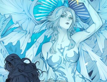 2girls arm_up birmit black_blood blood blood_in_hair blood_on_face blue_eyes blue_hair blue_skin blue_theme braid colored_skin dual_persona final_fantasy final_fantasy_xiv fins grey_hair hair_ornament half_up_braid halo halo_behind_head head_fins highres hydaelyn long_hair multiple_girls multiple_wings signature stylized_blood upper_body venat_(ff14) water_drop_hair_ornament wings