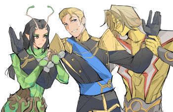 1girl 2boys adam_warlock alien antennae black_eyes black_gloves black_hair blonde_hair blue_sash bright_pupils chinese_commentary covered_abs epaulettes eyeshadow formal_clothes gloves grabbing_another&#039;s_arm green_eyeshadow guardians_of_the_galaxy hair_slicked_back highres jealous long_hair looking_at_another looking_to_the_side low-tied_long_hair makeup mantis_(marvel) marvel marvel_rivals multiple_boys muscular muscular_male nervous nervous_smile no_pupils official_alternate_costume peter_quill pointy_ears sash short_hair sketch smile songtanshui02 star-lord upper_body white_background white_pupils