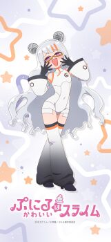 1girl absurdres anime_coloring arm_wrap artist_request asymmetrical_bangs bandaged_arm bandages bare_shoulders black_gloves black_shoes black_trim blunt_ends blush bodysuit collared_bodysuit commentary_request company_name copyright_name copyright_notice covered_collarbone covered_groin covered_navel crossed_legs detached_sleeves dot_nose double_bun facing_viewer flat_chest gelee_(puniru_wa_kawaii_slime) gloves gradient_hair gradient_thighhighs grey_hair hair_bun head_tilt hexagon_print highres long_sleeves looking_at_viewer mandarin_collar monster_girl multicolored_hair narrow_waist neon_trim official_art official_wallpaper open_hand open_mouth orange-framed_eyewear orange_hair orange_trim print_bodysuit print_sleeves puniru_wa_kawaii_slime purple_eyes raised_inner_eyebrows ringed_eyes robot_girl second-party_source semi-rimless_eyewear shoes simple_background skinny sleeveless sleeveless_bodysuit slime_(substance) slime_girl slime_hair smile solo standing star_(symbol) star_symbol_background streaked_hair tachi-e tape thighhighs tube_socks under-rim_eyewear wavy_hair white_background white_bodysuit white_sleeves white_thighhighs white_unitard wide_sleeves