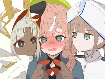 Rule 34 | 1boy, 1girl, 2boys, @ @, ahoge, androgynous, bandaid, bandaid on face, bandaid on nose, blonde hair, blue eyes, blue hair, blue jacket, blush, bright pupils, brown gloves, brown hair, captain nemo (fate), captain nemo (first ascension) (fate), cloak, commentary request, dark-skinned male, dark skin, fate/grand order, fate (series), gloves, gradient hair, green eyes, grey eyes, grey hair, hard hat, hat, helmet, highres, hood, hooded cloak, jacket, jewelry, long hair, long sleeves, military uniform, mining helmet, multicolored hair, multiple boys, naval uniform, nemo (fate), open mouth, simple background, smile, sweatdrop, tanutika, turban, tutankhamun (fate), tutankhamun (first ascension) (fate), twintails, van gogh (fate), van gogh (miner) (fate), very long hair, white background, white cloak, white turban