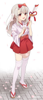 1girl absurdres akaneko016 arrow_(projectile) bell blush bow brown_sandals eyelashes fate/grand_order fate/kaleid_liner_prisma_illya fate_(series) full_body grey_hair hair_between_eyes hair_bow hands_up highres holding holding_arrow illyasviel_von_einzbern japanese_clothes kimono long_hair long_sleeves looking_at_viewer miniskirt open_mouth petals red_bow red_eyes red_ribbon red_skirt ribbon sandals shadow sidelocks simple_background skirt smile solo standing thighhighs white_background white_kimono white_thighhighs wide_sleeves