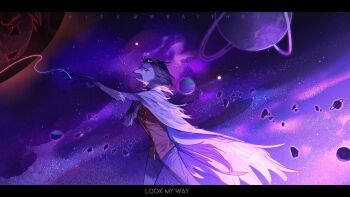 1boy beak bird_boy demon_boy demon_horns extra_eyes grey_hair hellaverse helluva_boss highres horns male_focus multiple_boys owl_boy planet red_eyes space stolas_(helluva_boss) wraith615