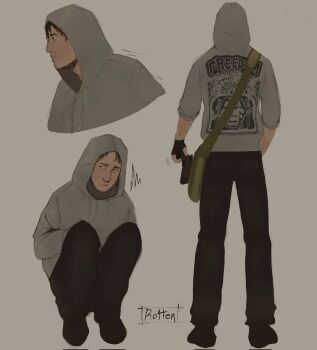 1boy bag black_eyes black_gloves black_hair commentary cry_of_fear english_commentary fingerless_gloves front_and_back full_body gloves grey_hoodie gun handgun highres holding holding_gun holding_weapon hood hood_up hoodie male_focus multiple_views print_hoodie rottenmortten scar scar_on_arm self-harm_scar short_hair shoulder_bag simon_henriksson sleeves_rolled_up solo squatting standing weapon wrist_cutting