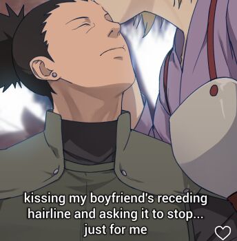 1boy 1girl absurdres armor black_hair black_shirt blonde_hair breastplate burin_burin closed_eyes couple derivative_work earrings english_text green_vest hetero highres jewelry kiss kissing_forehead nara_shikamaru naruto_(series) naruto_shippuuden ponytail purple_rope rope shirt short_hair short_ponytail temari_(naruto) upper_body vest