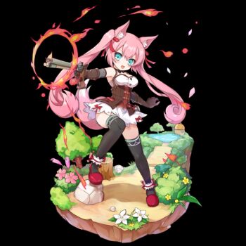 1girl animal_ear_fluff animal_ears bare_shoulders black_background black_bow black_thighhighs blue_eyes blush bow bowtie breasts brown_corset cleavage corset daisy_(merc_storia) dress fire firing flats flower fox_ears fox_girl fox_tail full_body gun hair_between_eyes highres holding holding_gun holding_weapon house long_hair medium_breasts merc_storia merc_storia_art_team official_art open_mouth outstretched_arm petals pink_flower pink_hair pond red_ribbon red_shoes ribbon scrunchie shoes short_dress sidelocks simple_background smile solo standing strapless tachi-e tail thighhighs thighs tree tree_stump twintails underbust v-shaped_eyebrows very_long_hair weapon white_dress white_flower yellow_flower