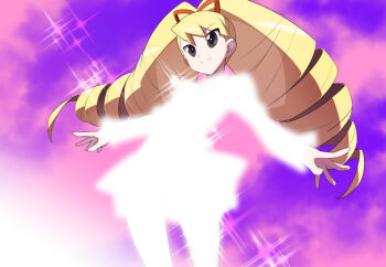 1girl blonde_hair bow drill_hair em_wave_change_(mega_man) glowing hair_bow henshin kaidou_zx long_hair luna_platz_(mega_man) mega_man_(series) mega_man_star_force_(series) purple_background red_bow smile sparkle twin_drills variant_set very_long_hair