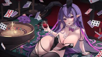 1girl ace_(playing_card) ace_of_clubs animal_ears black_leotard black_thighhighs breasts card character_request cleavage club_(shape) commission copyright_request cup elf fake_animal_ears five_of_clubs four_of_diamonds highres hiroside holding holding_cup large_breasts leotard long_hair navel nine_of_hearts playboy_bunny playing_card pointy_ears poker_chip purple_eyes purple_hair rabbit_ears roulette_table see-through_clothes see-through_leotard six_of_clubs solo strapless strapless_leotard table ten_of_diamonds thighhighs