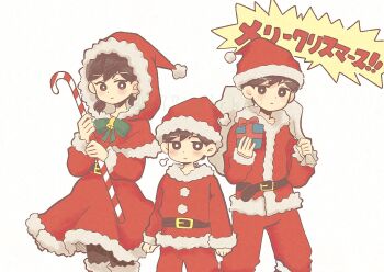 1girl 2boys alternate_costume bell belt black_belt black_eyes black_hair black_pantyhose blush boots bow bright_pupils candy candy_cane closed_mouth double-parted_bangs dual_persona food genderswap genderswap_(mtf) green_bow hair_between_eyes hat highres holding holding_candy holding_candy_cane holding_food holding_sack long_sleeves looking_at_viewer low_twintails multiple_boys neck_bell omori omori_(omori) pants pantyhose red_boots red_hat red_pants sack santa_costume santa_hat shirotsume_143 short_hair short_twintails speech_bubble sunny_(omori) translated twintails twitter_username white_pupils