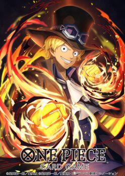 Rule 34 | 1boy, ascot, belt, black coat, black hat, blonde hair, blue shirt, clenched hands, clenched teeth, coat, commentary request, copyright name, fire, hat, looking at viewer, male focus, official art, one piece, one piece card game, ori simo, sabo (one piece), scar, scar on face, shirt, short hair, smile, solo, teeth, white ascot