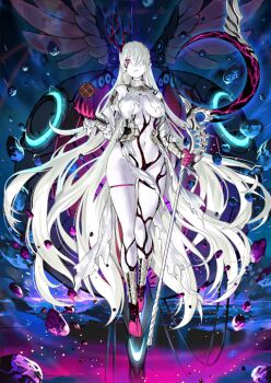 Rule 34 | 1girl, absurdly long hair, bare shoulders, boots, breasts, cleavage, colored skin, cracked skin, demeter (fate), demeter erinyes (fate), dress, fate/grand order, fate (series), gloves, glowing, hair between eyes, hair ornament, hair over one eye, high heels, holding, holding weapon, horns, jewelry, large breasts, long hair, looking at viewer, medium breasts, navel, official art, okojo, pale skin, red eyes, solo, thighs, torn clothes, very long hair, weapon, white hair, white skin, wings