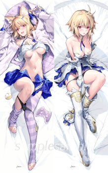 1girl animal_ear_fluff animal_ears arcueid_brunestud areola_slip black_panties blonde_hair blue_skirt blush bow breasts camisole cat_ears controller crescent crescent_hair_ornament crop_top crop_top_overhang dakimakura_(medium) fate/grand_order fate_(series) fingerless_gloves game_controller gloves hair_ornament headphones highres hood hooded_jacket jacket kousaki_rui large_breasts long_sleeves looking_at_viewer miniskirt open_mouth panties phantas-moon phantas-moon_(second_ascension) purple_gloves purple_thighhighs red_eyes shirt short_hair skirt sleeveless sleeveless_shirt smile solo striped_clothes striped_gloves striped_thighhighs thighhighs underwear white_camisole white_jacket