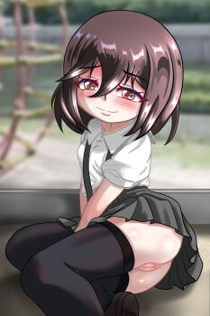 1girl ass black_thighhighs blush breast_pocket breasts brown_eyes brown_hair brown_shoes bush chapio collarbone exhibitionism grass grey_skirt jungle_gym loli looking_at_viewer no_panties original playground pocket public_indecency puffy_sleeves pussy rui_(chapio) sand sandbox school_uniform shirt shoes short_hair short_sleeves sitting skirt small_breasts smile suspender_skirt suspenders thighhighs white_shirt