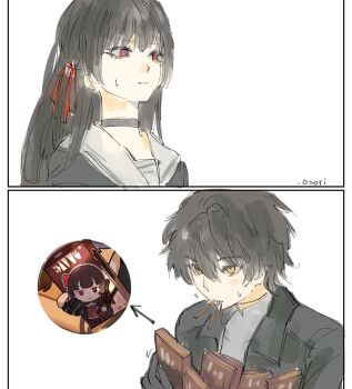 .osari artist_name black_choker black_hair black_jacket chisa_(wuthering_waves) choker closed_mouth food food_in_mouth grey_shirt hair_between_eyes hair_ribbon highres holding holding_food holding_pocky jacket long_hair male_rover_(wuthering_waves) official_art_inset pocky pocky_in_mouth red_eyes red_ribbon ribbon rover_(wuthering_waves) sailor_collar shirt sweatdrop white_sailor_collar wuthering_waves yellow_eyes