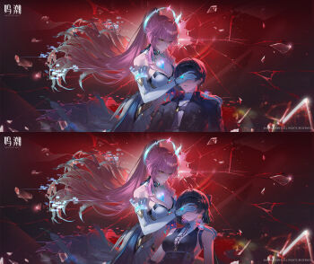 Rule 34 | 1boy, 2girls, absurdres, aemeath (wuthering waves), bare shoulders, black dress, black hair, black jacket, breasts, chinese commentary, cleavage, commentary request, covering another's eyes, cross-laced clothes, cross-laced dress, dress, elbow gloves, female rover (wuthering waves), glass shards, glitch, gloves, highres, jacket, logo, long hair, looking at another, male rover (wuthering waves), medium breasts, multiple girls, official art, pink hair, ponytail, rover (wuthering waves), sleeveless, sleeveless dress, tacet mark (wuthering waves), white gloves, wuthering waves