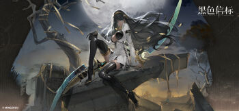 1girl arm_strap belt belt_buckle black_beacon black_boots black_gloves black_hair blue_eyes boots bracelet branch breasts buckle cleavage cleavage_cutout clothing_cutout collared_jacket dark-skinned_female dark_skin earrings ears eyebrows eyebrows_hidden_by_hair eyelashes facepaint falling_leaves from_side gloves gold gold_earrings gold_hairband gold_lips gold_nails gold_necklace gold_ribbon gold_trim gradient_eyes hair_ornament hairband hand_on_own_knee head_tilt high_heels highres hime_cut hoop_earrings jacket jewelry knee_up leaf legs lips lipstick long_hair long_legs long_sleeves looking_at_viewer makeup moon moonlight multicolored_eyes nail_polish nanna_(black_beacon) necklace official_art one_leg_raised outdoors ribbon rubble ruins single_glove sitting sitting_on_object smile solo thick_thighs thigh_boots thighhighs thighs tree very_long_hair weapon white_jacket wide_sleeves zipper zipper_pull_tab