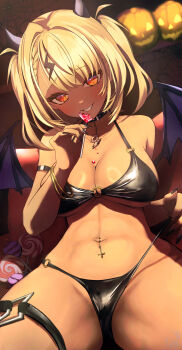 1girl abs absurdres arm_strap bikini black_bikini black_collar black_nails blonde_hair bracelet breasts candy collar commentary_request cross_piercing dark-skinned_female dark_skin demon_girl demon_horns demon_wings eating food grin hair_intakes hair_ornament halloween highres horns jack-o&#039;-lantern jewelry kaminari_qpi large_breasts leaning_back lightning_bolt lightning_bolt_hair_ornament lightning_bolt_symbol looking_at_viewer medium_hair micro_bikini naikon navel navel_piercing o-ring o-ring_bikini o-ring_thigh_strap orange_eyes piercing sitting smile solo spread_legs stomach strap_lift string_bikini swept_bangs swimsuit teeth thigh_strap twintails underboob virtual_youtuber vspo! wings