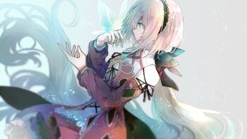Rule 34 | 1girl, aqua butterfly, aqua eyes, bare shoulders, black ribbon, branch, breasts, closed mouth, cyawa, detached sleeves, dress, fingernails, grey background, grimms notes, hair between eyes, hair ribbon, hands up, highres, long hair, long sleeves, ponytail, profile, puffy long sleeves, puffy sleeves, red dress, reina (grimms notes), reina (original) (grimms notes), ribbon, solo, very long hair