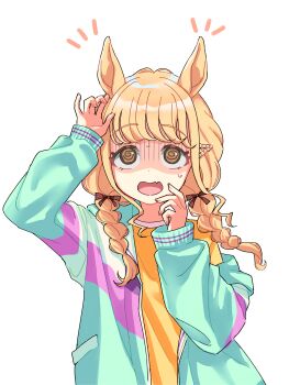 Rule 34 | 1girl, @ @, absurdres, animal ears, blonde hair, braid, brown eyes, brown ribbon, commentary request, fang, fujita kotone, gakuen idolmaster, hair ribbon, highres, horse ears, idolmaster, jacket, kanipoposu, kemonomimi mode, long hair, long sleeves, looking up, multicolored jacket, notice lines, open clothes, open jacket, ribbon, shaded face, shirt, simple background, skin fang, solo, sweatdrop, twin braids, upper body, white background, yellow shirt