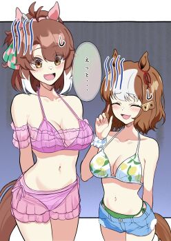 2girls absurdres ahoge animal_ears bare_shoulders belno_light_(umamusume) bikini bikini_bottom_under_shorts bikini_under_clothes blush bow breasts brown_eyes brown_hair checkered_ribbon cleavage closed_eyes collarbone commentary_request dantsu_flame_(umamusume) denim denim_shorts ear_covers ear_ornament ear_ribbon green_bikini hair_between_eyes hair_ornament hairband highres horse_ears horse_girl horse_tail large_breasts letter_hair_ornament multicolored_hair multiple_girls navel open_mouth pink_bikini pink_hairband scrunchie short_hair shorts smile speech_bubble stomach swimsuit tail taki_rentaro translation_request two-tone_hair umamusume umamusume:_cinderella_gray white_bikini white_hair wrist_scrunchie