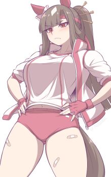 1girl akitsu_teio_(umamusume) animal_ears bandaid bandaid_on_leg blunt_bangs breasts brown_hair buruma cosplay ear_covers gym_shirt gym_uniform hands_on_own_hips haru_urara_(bestest_prize)_(umamusume) haru_urara_(umamusume) haru_urara_(umamusume)_(cosplay) headband highres horse_ears horse_girl horse_tail large_breasts multicolored_hair pataneet red_buruma red_eyes red_headband shirt side_ponytail solo t-shirt tail two-tone_hair umamusume umamusume:_cinderella_gray white_hair white_shirt