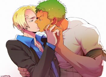 2boys arm_up artist_name bandana bandana_around_arm black_jacket blonde_hair blue_shirt collared_shirt crew_neck curly_eyebrows eye_contact facial_hair goatee green_hair interlocked_fingers jacket kiss looking_at_another male_focus multiple_boys one_piece open_clothes open_collar open_jacket parted_bangs roronoa_zoro sanji_(one_piece) shirt short_hair short_sideburns sideburns simple_background suit_jacket t-shirt upper_body very_short_hair vidrith white_background white_shirt wing_collar yaoi