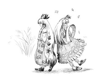 Rule 34 | 2girls, absurdres, bow, closed mouth, collared shirt, commentary request, dress, ex-keine, fujiwara no mokou, full body, greyscale, hair bow, hands in pockets, highres, holding, holding scroll, horn bow, horn ornament, horns, kamishirasawa keine, long hair, long sleeves, monochrome, multiple girls, multiple hair bows, ofuda, ofuda on clothes, pants, scroll, shirt, shoes, socks, super-flat-world, suspenders, touhou, very long hair