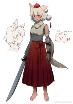 Rule 34 | 1girl, absurdres, animal ears, animalization, barefoot, chinese commentary, chinese text, closed mouth, commentary request, detached sleeves, dog, dou (doudouzi), expressionless, from side, hair between eyes, hat, highres, holding, holding sword, holding weapon, inubashiri momiji, looking at viewer, multiple views, person and animalization, pom pom (clothes), red eyes, red hat, red skirt, shirt, short hair, simple background, skirt, sleeveless, sleeveless shirt, sword, tail, tokin hat, touhou, translated, weapon, white background, white hair, white shirt, wolf ears, wolf girl, wolf tail