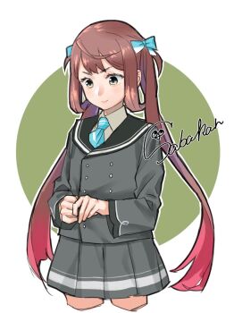 1girl asagumo_(kancolle) ascot blue_ascot blush brown_eyes brown_hair collared_shirt cowboy_shot double_bun green_background hair_bun hair_ribbon highres jacket kantai_collection long_hair looking_at_viewer plaid_ascot plaid_clothes pleated_skirt ribbon sabakanbasupisu school_uniform shirt skirt solo twintails white_background winter_uniform