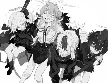 4girls aru_(blue_archive) blue_archive chinese_commentary closed_eyes commentary_request fabarm_fp6/sdass flying_sweatdrops garrison_cap greyscale gun h&amp;k_mg5 halo haruka_(blue_archive) hat highres holding holding_gun holding_weapon hood hoodie horns jacket kayoko_(blue_archive) long_hair long_sleeves machine_gun monochrome multicolored_hair multiple_girls mutsuki_(blue_archive) neck_ribbon open_mouth pencil_skirt ponytail problem_solver_68_(blue_archive) pump_action ribbon shotgun side_ponytail simple_background sitting sketch skirt weapon yu-y_(824412)