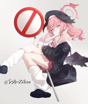 1girl absurdres bare_shoulders black_hat black_jacket black_shoes blue_archive blush closed_mouth commentary foot_out_of_frame grey_background halo hat highres holding jacket koharu_(blue_archive) leg_warmers long_sleeves looking_at_viewer medium_hair off_shoulder pink_eyes pink_hair pink_halo road_sign shoes sign simple_background solo stop_sign twintails white_leg_warmers wings zi_luo_(zilos)