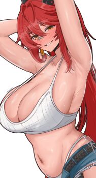 1girl absurdres bandage_on_nose bandaid bandaid_on_face bandaid_on_nose belt black_horns camisole commentary denim denim_shorts edmun6969 english_commentary goddess_of_victory:_nikke highres horns mechanical_horns micro_shorts official_alternate_hairstyle open_belt red_hood_(nikke) red_hood_(retro_days)_(nikke) shorts solo white_camisole