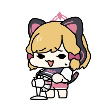 1girl :3 :d animal_ear_headphones animal_ears animated animated_gif black_shirt blonde_hair blue_archive bow cat_ear_headphones cat_ears commentary electric_fan fake_animal_ears full_body furrowed_brow halo headphones hot looping_animation momoi_(blue_archive) open_mouth pink_halo pink_shorts sechi_(sechihyeo) shirt short_hair shorts simple_background smile solo standing untranslatable_commentary white_background
