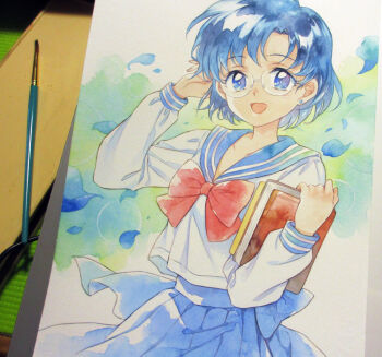 1girl agahari art_brush art_tools_in_frame bishoujo_senshi_sailor_moon blue_eyes blue_hair blue_petals blue_sailor_collar blue_skirt book bow bowtie commentary_request cowboy_shot earrings falling_petals glasses hand_in_own_hair hands_up holding holding_book jewelry juuban_middle_school_uniform looking_at_viewer mizuno_ami no_dickey open_mouth paintbrush painting_(medium) petals photo_(medium) pleated_skirt red_bow red_bowtie rimless_eyewear sailor_collar school_uniform serafuku shirt short_hair skirt smile solo standing stud_earrings traditional_media white_shirt