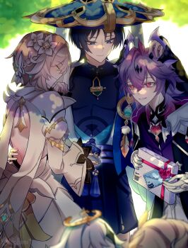 2girls 3boys absurdres ahoge albedo_(genshin_impact) aqua_gem armpit_crease backless_dress backless_outfit bare_shoulders belt black_belt black_bodysuit black_coat black_hair black_horns black_shirt black_shorts black_sleeves blonde_hair blue_eyes blue_hat blue_kimono blunt_ends blurry bodysuit box braid bright_pupils brown_trim butterfly_hair_ornament cake chest_jewel clenched_hand closed_eyes closed_mouth coat colored_eyelashes commentary crossed_bangs depth_of_field detached_sleeves diamond-shaped_pupils diamond_(shape) diamond_hair_ornament dress durin_(genshin_impact) english_commentary eyeliner eyeshadow facing_another facing_away feather_hair_ornament feathers flower food gem genshin_impact gift gift_box gloves gold hair_between_eyes hair_flower hair_ornament hakama hakama_shorts half_up_half_down_braid halo hand_on_another's_back hand_on_another's_head hat heart-shaped_gem highres holding holding_gift holding_plate horns japanese_clothes jingasa juban kimono layered_sleeves looking_at_another lumine_(as_heaven_and_earth_are_made_anew)_(genshin_impact) lumine_(genshin_impact) makeup mandarin_collar median_furrow multiple_boys multiple_girls nicbuns official_alternate_costume official_alternate_hairstyle open_clothes open_coat open_collar open_kimono paimon_(genshin_impact) pants parted_lips pectorals plate pleated_shorts pom_pom_(clothes) puffy_sleeves purple_hair purple_horns purple_rope purple_sash purple_vest red_eyeliner red_eyes red_eyeshadow red_gemstone rope sash scaramouche_(genshin_impact) scarf shirt shorts shoulder_peek smile symbol-shaped_pupils tassel toned toned_male tsurime undershirt vest wanderer_(genshin_impact) white_dress white_feathers white_flower white_gloves white_hair white_kimono white_mouth white_pants white_pupils white_scarf white_sleeves wide_sleeves wing_ornament wispy_bangs yellow_feathers yellow_halo yellow_nails