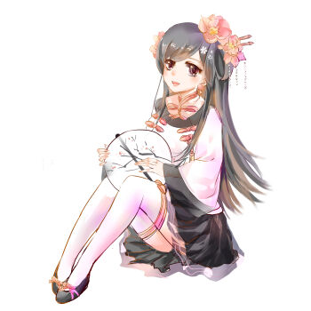 1girl absurdres beads black_hair black_shoes black_skirt chinese_clothes chinese_text commentary_request eyelashes flats flower full_body grey_eyes hair_beads hair_flower hair_ornament hair_rings hairpin hand_fan happy highres holding holding_fan light_blush long_hair long_sidelocks long_sleeves looking_at_viewer miniskirt miracle_nikki muriel_miaoke neck_ribbon nikki_(series) open_mouth peony_(flower) pink_flower pink_ribbon pleated_skirt ribbon shadow shirt shoes sidelocks simple_background skirt smile solo straight_hair stylist_(nikki) teeth thighhighs translation_request tuanshan upper_teeth_only variant_set very_long_hair white_background white_shirt white_thighhighs wide_sleeves