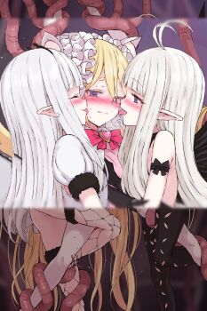 3girls absurdres ahoge airy_(bravely_default) anne_(bravely_second) arms_up ass between_thighs black_gloves black_leotard black_thighhighs blonde_hair blue_eyes blush bravely_default:_flying_fairy bravely_default_(series) bravely_second:_end_layer butterfly_wings close-up closed_eyes commission commissioner_upload crossover defeat face-to-face fairy fairy_wings girl_sandwich gloves gluteal_fold grabbing_another's_breast grabbing_another's_thighs groping gulp5959 hana_koi_(gulp5959) highres insect_wings leg_lock legs legs_apart leotard licking licking_another's_face long_hair magical_girl moaning molestation multiple_girls open_mouth original pink_leotard pointy_ears restrained saliva sandwiched skeb_commission smile straddling tentacles tentacles_under_clothes thighhighs thighs tongue tongue_out very_long_hair white_gloves white_hair white_leotard white_thighhighs wings yuri
