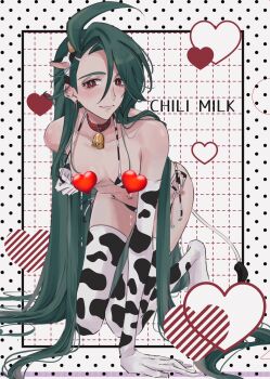 1girl all_fours alternate_costume alternate_hairstyle animal_print bikini bikini_top_pull blush breasts bright_pupils censored censored_nipples character_name collar collarbone cow_horns cow_print earrings elbow_gloves facing_viewer gloves green_hair grid_background hairband heart heart_censor highres horns jewelry lactation long_hair mtkpasta multiple_piercings navel navel_piercing neck_bell nintendo piercing pokemon pokemon_sv red_eyes rika_(pokemon) side-tie_bikini_bottom small_breasts smile solo swimsuit thighhighs