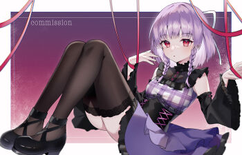 1girl absurdres black_corset black_shoes black_sleeves black_thighhighs braid commission corset detached_sleeves highres long_sleeves looking_at_viewer medium_hair original plaid_clothes plaid_shirt purple_hair purple_shirt purple_skirt red_eyes shirt shoes side_braids sitting skeb_commission skirt sleeveless sleeveless_shirt solo tanaka_(tps9g) thighhighs twin_braids wide_sleeves