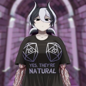 1girl absurdres arm_piercing black_eyes black_hair black_shirt breasts colored_extremities d20_(die) dice english_text expressionless hair_between_eyes half-closed_eyes highres large_breasts light_frown looking_at_viewer made_in_abyss multicolored_hair ozen polyhedral_dice shirt short_hair short_sleeves smugbuns solo taut_clothes taut_shirt text_print thousand-men_pin two-tone_hair upper_body white_hair