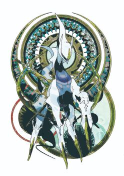 arceus closed_mouth colored_sclera colored_skin full_body gen_4_pokemon green_sclera legendary_pokemon looking_at_viewer mythical_pokemon nintendo no_humans pokemon pokemon_(creature) red_eyes rintaro_sano simple_background solo white_background white_skin