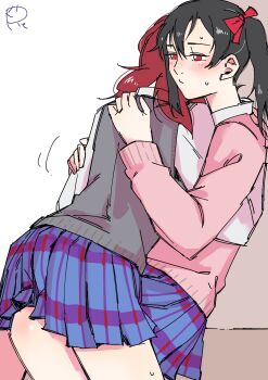 2girls black_hair blue_skirt bow closed_mouth commentary_request grey_sweater_vest hair_bow hand_on_another&#039;s_back highres leg_between_thighs love_live! love_live!_school_idol_project medium_hair multiple_girls nishikino_maki otonokizaka_school_uniform pink_sweater plaid_clothes plaid_skirt pleated_skirt red_bow red_eyes red_hair school_uniform shirt skirt surfacedxxc sweat sweater sweater_vest twintails white_shirt yazawa_nico yuri