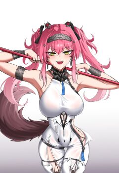 1girl absurdres armlet bodysuit breasts collar commentary_request cowboy_shot earrings gradient_background gradient_hair hairband highres holding holding_polearm holding_weapon jewelry korean_commentary large_breasts long_hair looking_at_viewer lupa_(wuthering_waves) metal_collar metal_hairband multicolored_hair open_mouth p.za pink_hair polearm red_pupils smile solo tacet_mark_(wuthering_waves) thigh_gap twintails weapon white_bodysuit wuthering_waves yellow_eyes
