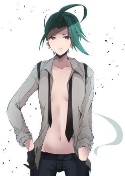 1girl ahoge amashiro_mio aqua_hair black_gloves black_necktie black_pants breasts bright_pupils collarbone ear_piercing female_focus gloves hand_in_pocket highres looking_at_viewer necktie nintendo open_clothes open_shirt pants parted_lips piercing pokemon pokemon_sv ponytail red_eyes reverse_trap rika_(pokemon) simple_background small_breasts solo suspenders undone_necktie white_background white_pupils