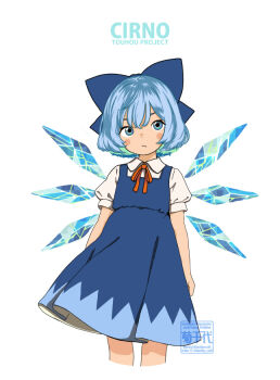 1girl blue_eyes blue_hair blush_stickers bow character_name cirno collared_dress commentary_request copyright_name cropped_legs dress hair_bow ice ice_wings looking_to_the_side m24kikuchiyo neck_ribbon ribbon short_hair short_sleeves solo touhou watermark wings